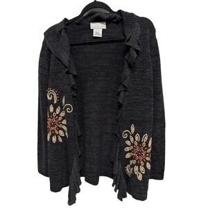 Mandal Bay Vintage Grey Knit Ruffle Floral Embroidered Cardigan size Small